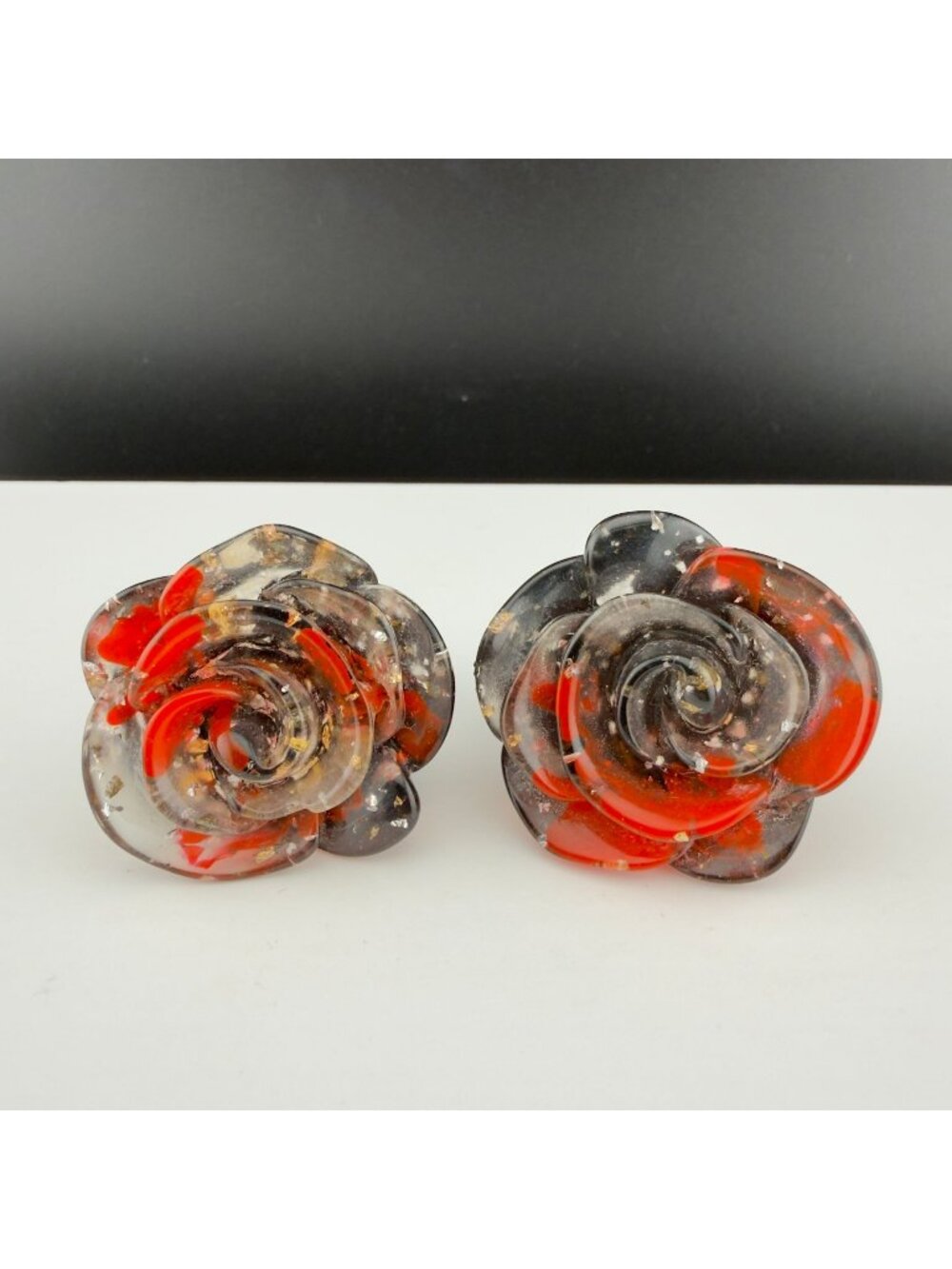 Chunky Carved Resin Rose Statement Ring Set of 2 Black Red Floral Size 8 and 9